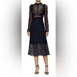 Self-Portrait Mid-Length Navy Blue & Black Giupure Lace Dress